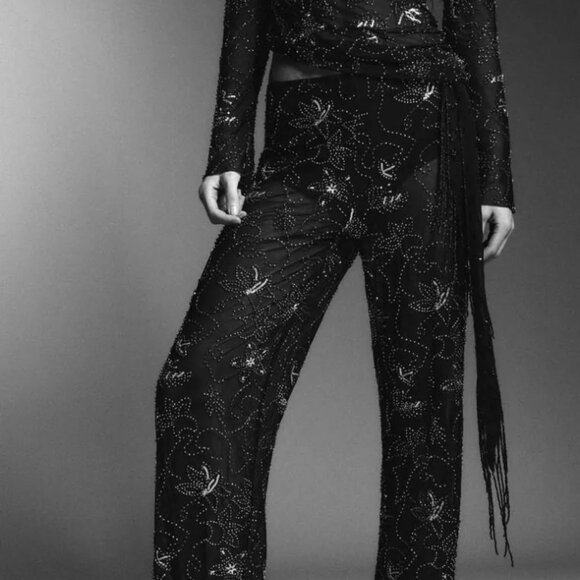 NWT SIZE SMALL BEADED SEQUIN SEMI-SHEER PANTS BLACK SILVER ZARA 4813/815/717 - Picture 5 of 7